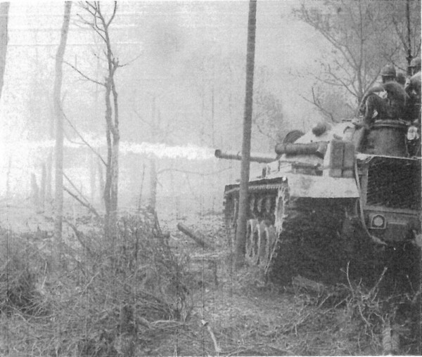 米国海兵隊の火炎放射戦車がクアンガイ省ビンソン県の村に火を放つ。革命軍が支持を集めている地域から民間人を追い出すため、しばしばこうして村が焼き払われた。 出典：ニック・タース著『動くものはすべて殺せ　アメリカ兵はベトナムで何をしたか』