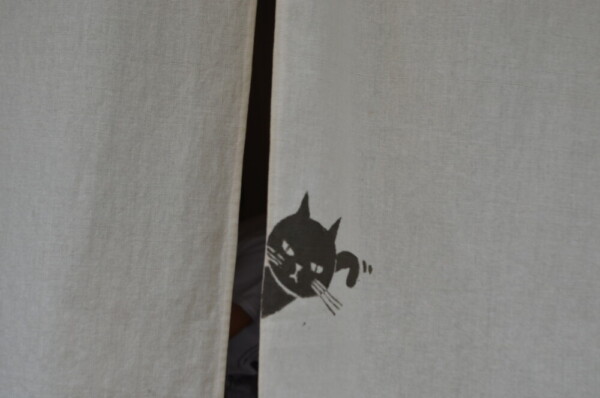 店先の暖簾に黒猫がコンニチワ。