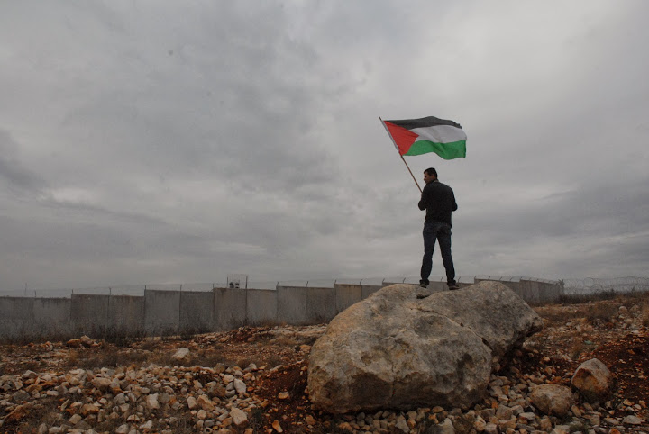 国際法違反の分離壁に向かってパレスチナ国旗を揚げる人（ビリン村）