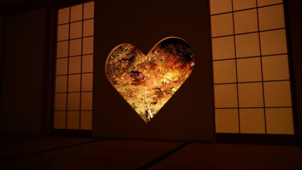 正寿院客殿の猪目窓から見えるライトアップされた紅葉　2021年11月17日　撮影：MKタクシー